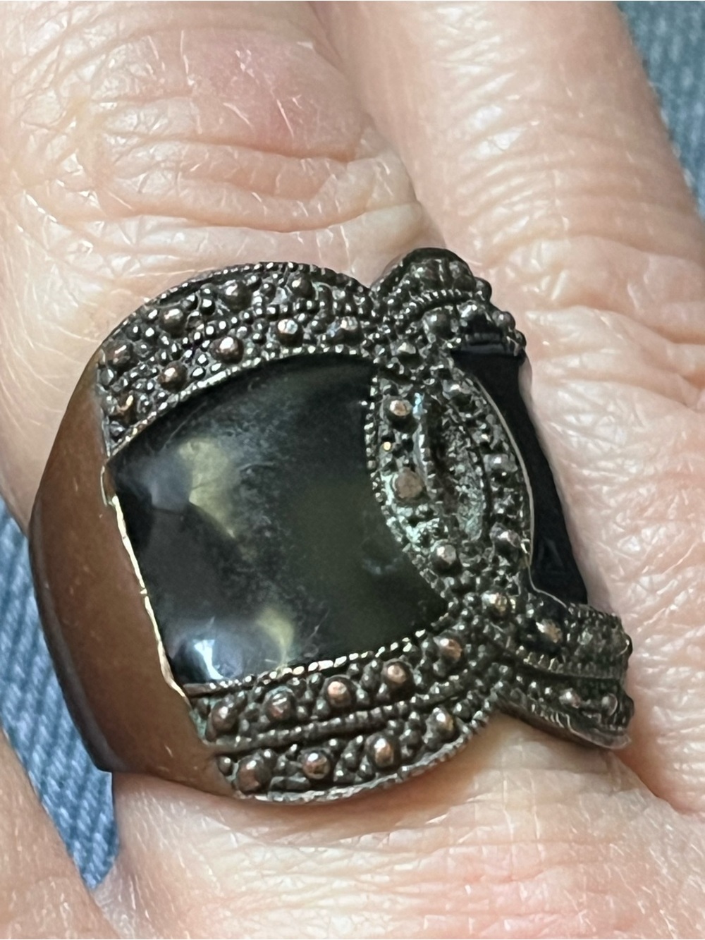 Art Deco Black Enamel Copper Tone Wide Band Ring Size 9 - Picture 3 of 6